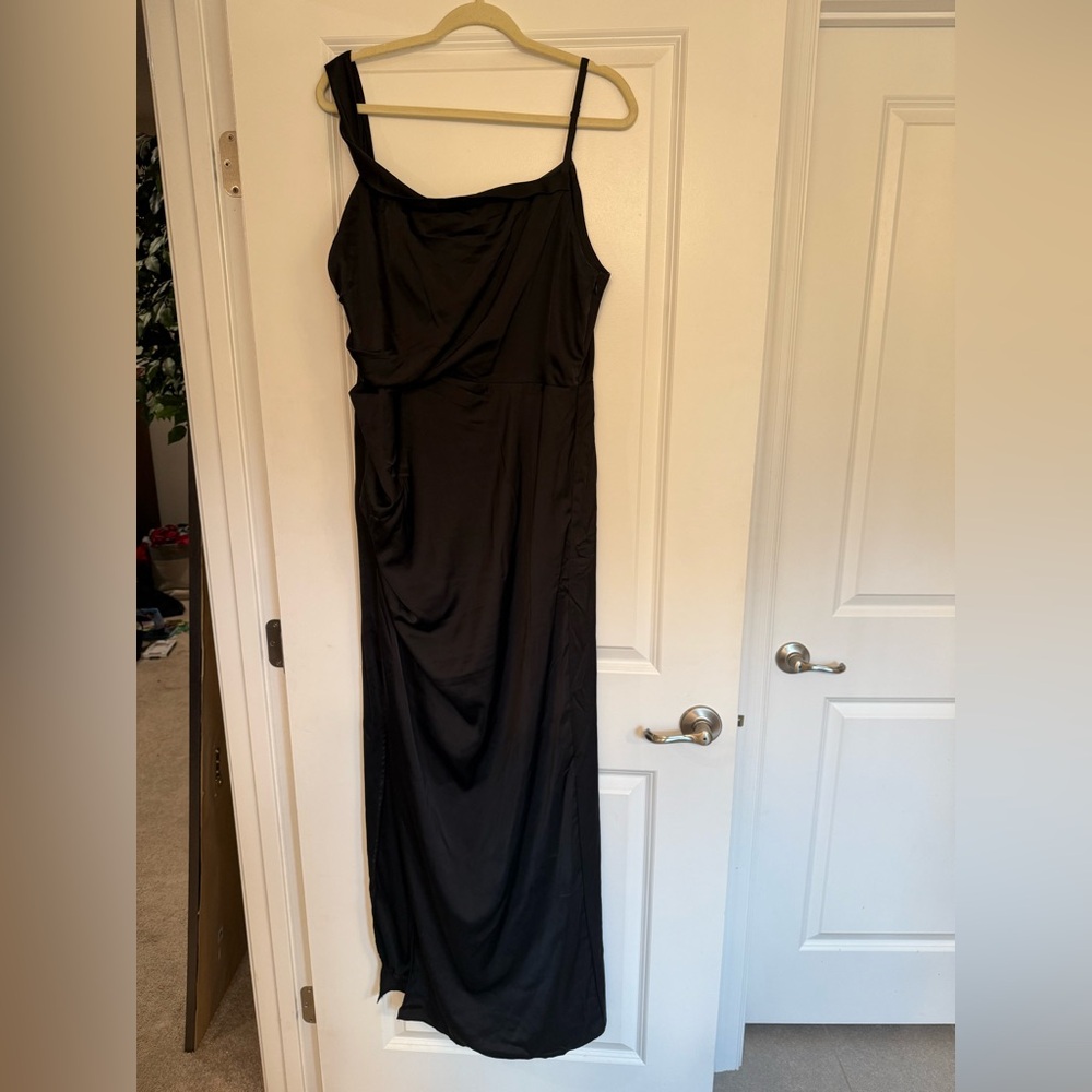 Lulu’s Black Satin Asymmetrical Off the Shoulder Dress